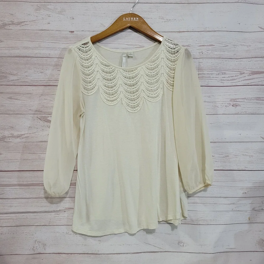 Lauren Conrad Top Womens Small Ivory Sheer Chiffon Sleeve Crochet Lace Collar